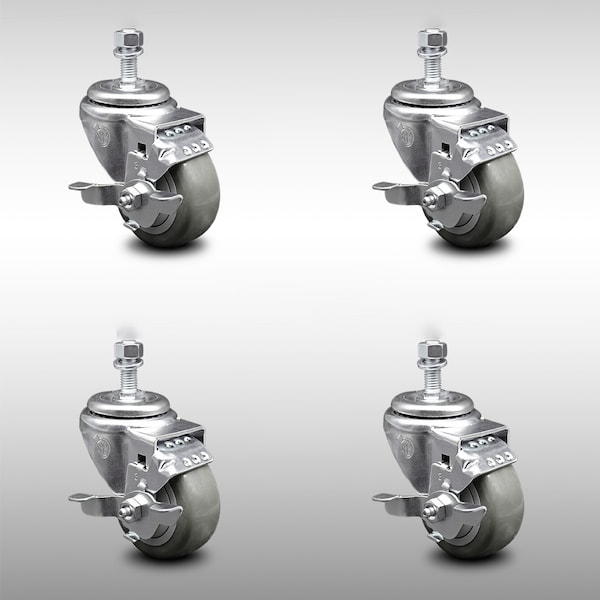 Service Caster 3 Inch SS Gray Polyurethane Wheel Swivel 1/2 Inch Threaded Stem Caster Set Brake SCC-SSTS20S314-PPUB-TLB-121315-4 - main